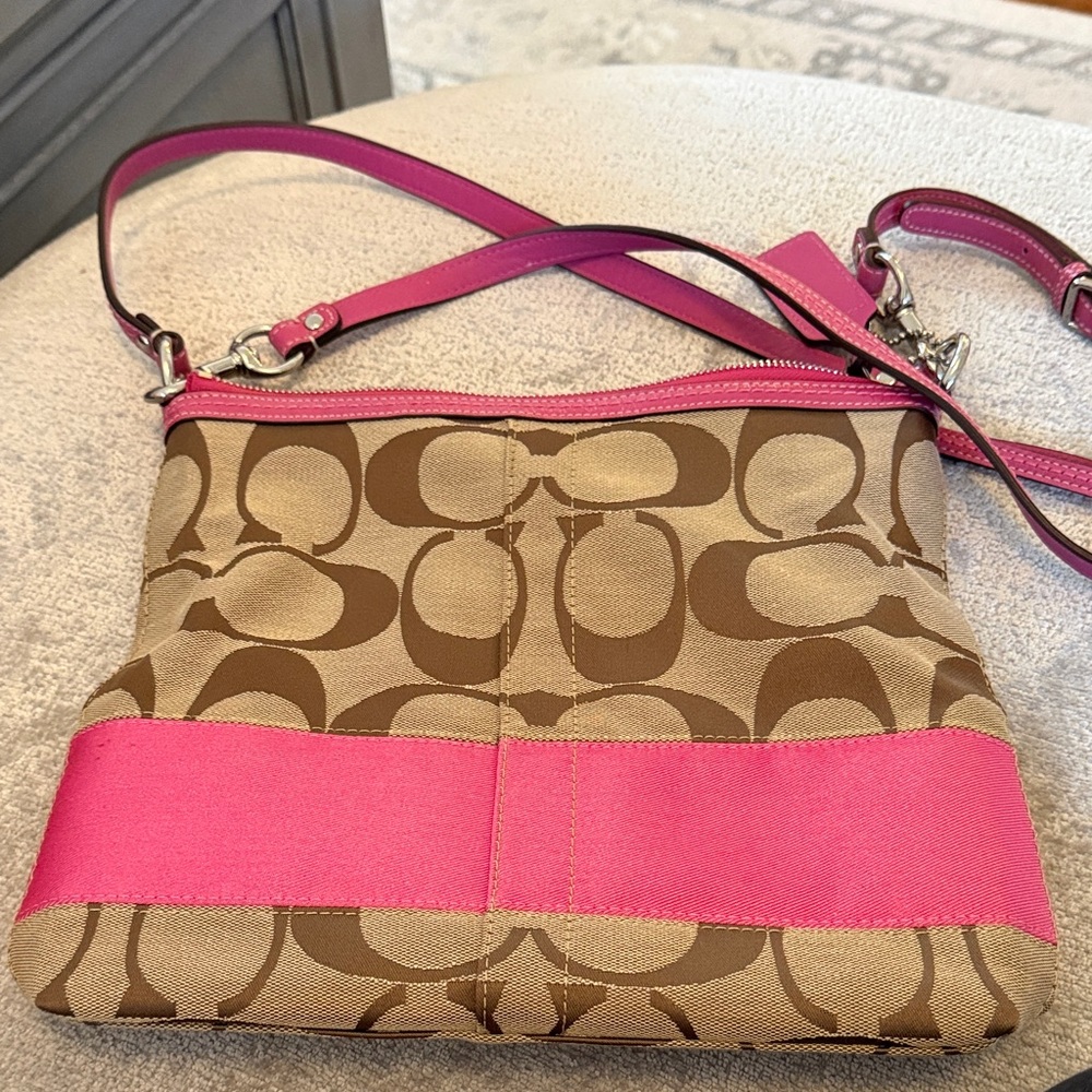 Coach Khaki Signature Canvas Crossbody with Bright Pink Trim